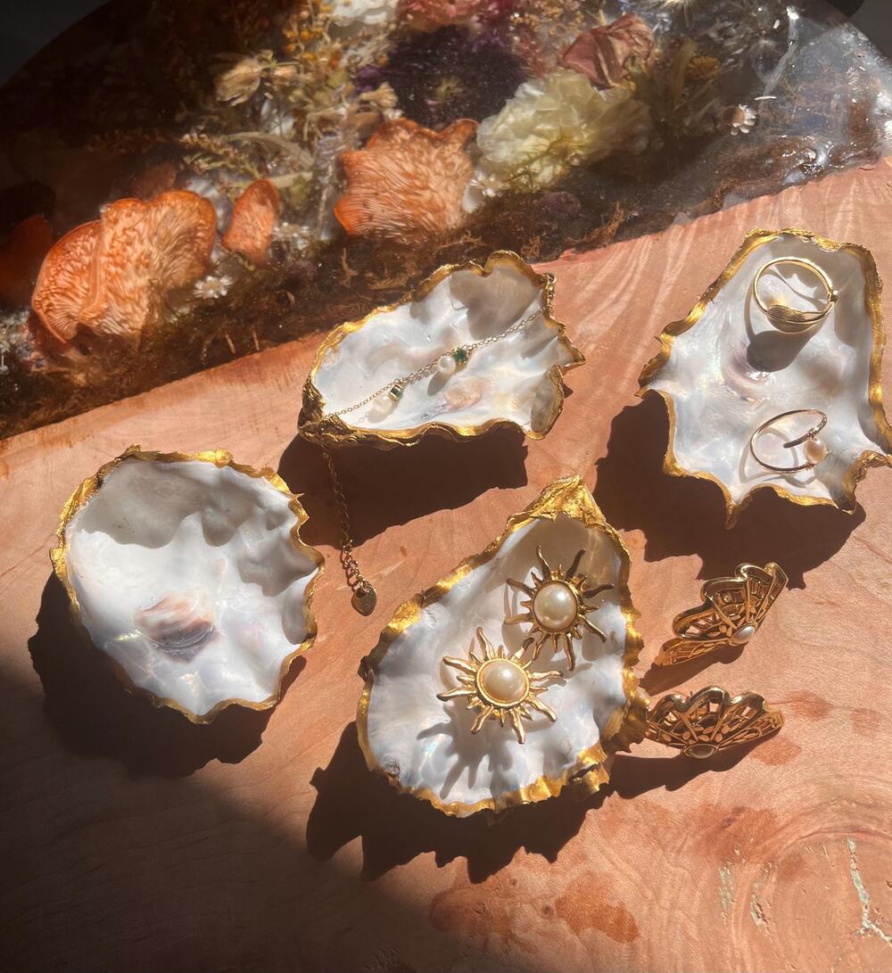 White and Gold Oyster Shell Ring Dish: Coastal Decor Jewelry Holder